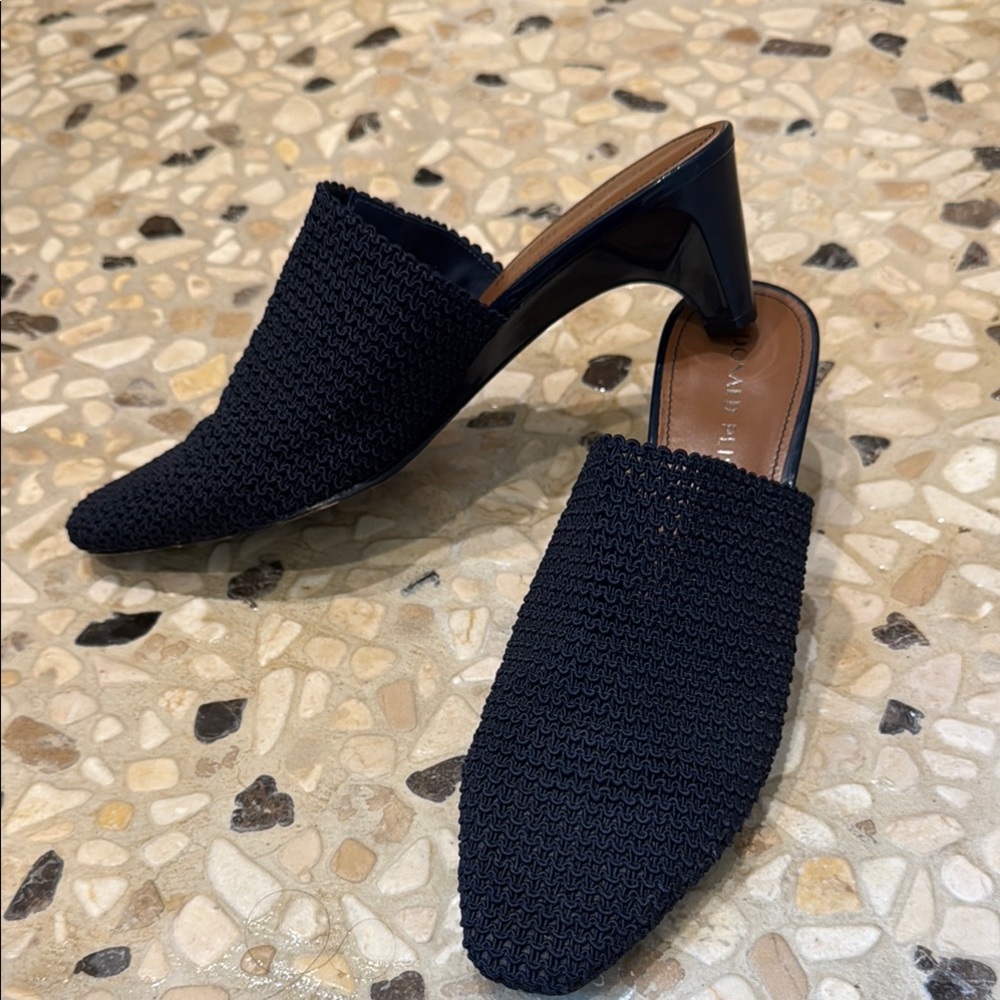 Navy Blue Woven Mules by Donald J. Pliner